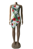 Colour Sexy Print High Opening Slit Spaghetti Strap Pencil Skirt Dresses