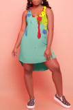 Light Green Fashion Casual Print Asymmetrical U Neck Vest Dress