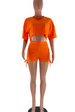 Tangerine Casual Solid Patchwork Frenulum O Neck Half Sleeve Two Pieces
