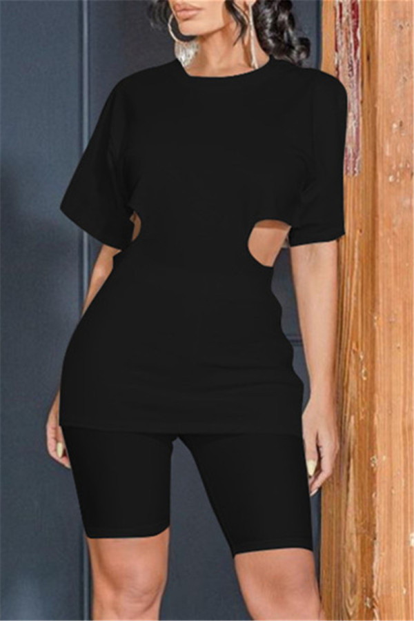 Black Fashion Casual Solid Hollowed Out Zipper O Neck Short Sleeve Two Pieces