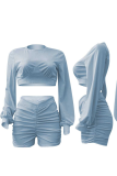 Cyan Casual Solid Patchwork O Neck Long Sleeve Two Pieces