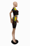 Black Casual Patchwork Tie-dye O Neck Short Sleeve Two Pieces