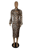 Leopard Print Fashion Sexy Print Leopard Hollowed Out Half A Turtleneck Long Sleeve Two Pieces