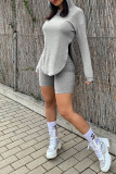 Grey Fashion Casual Solid Slit Hooded Collar Long Sleeve Two Pieces