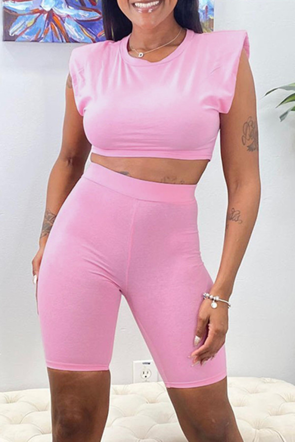 Pink Fashion Casual Solid Basic O Neck Sleeveless Two Pieces