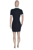 Black Fashion Casual Solid Patchwork Turndown Collar Short Sleeve Dress