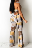 Yellow Fashion Casual Print Backless V Neck Sleeveless Two Pieces