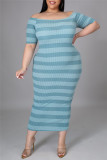 Khaki Fashion Casual Striped Print Backless Off the Shoulder Short Sleeve Dress Plus Size Dresses