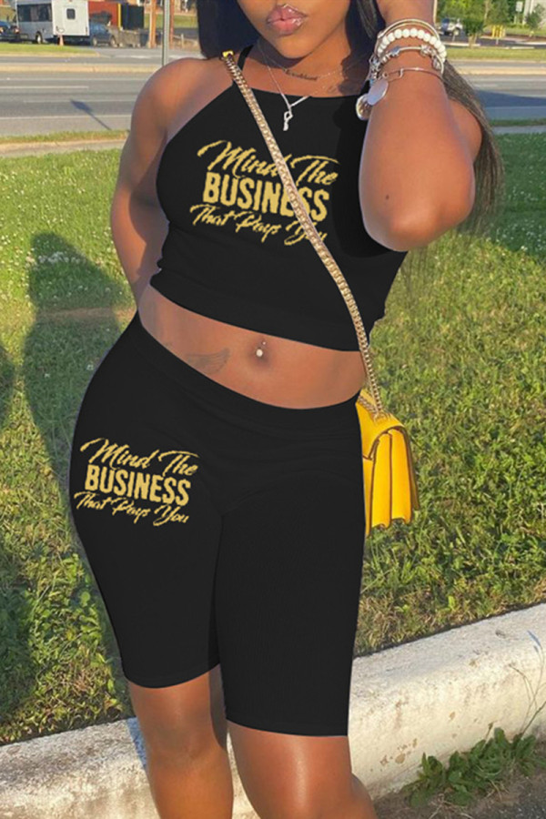 Black Sexy Casual Letter Print Vests O Neck Sleeveless Two Pieces