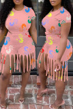 Pink Fashion Casual Print Tassel O Neck Short Sleeve Two Pieces