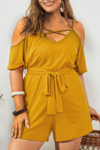 Yellow Casual Solid Split Joint Backless Spaghetti Strap Plus Size Jumpsuits