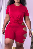 Red Sexy Solid Ripped Bandage O Neck Short Sleeve Two Pieces