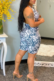 Blue Sexy Print Patchwork Halter Skinny Rompers