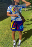 Blue Fashion Casual Print Basic O Neck Short Sleeve Two Pieces