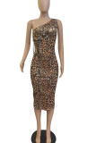 Leopard Print Sexy Print Bandage Hollowed Out Patchwork Oblique Collar Pencil Skirt Dresses