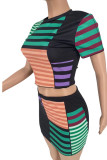 Red Street Striped Print Patchwork O Neck Short Sleeve Two Pieces