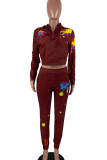 Red Casual Print Patchwork Zipper Hooded Collar Long Sleeve Two Pieces