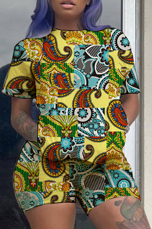 Green Yellow Casual Print Patchwork O Neck Short Sleeve Two Pieces