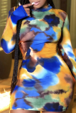 Deep Blue Sexy Patchwork Tie-dye Half A Turtleneck Pencil Skirt Dresses