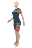 Blue Fashion Casual Leopard Patchwork O Neck Short Sleeve Two Pieces