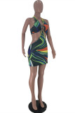 Multicolor Fashion Sexy Print Backless Halter Sleeveless Dress