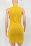 Yellow Casual Solid Patchwork Zipper Half A Turtleneck Wrapped Skirt Dresses