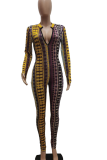 Yellow Street Print Patchwork V Neck Skinny Jumpsuits