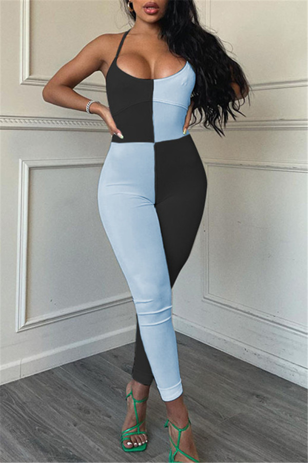 Blue Sexy Casual Patchwork Backless Halter Skinny Jumpsuits