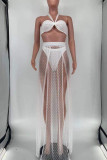 White Sexy Print Polka Dot Bandage Hollowed Out Patchwork Swimwears