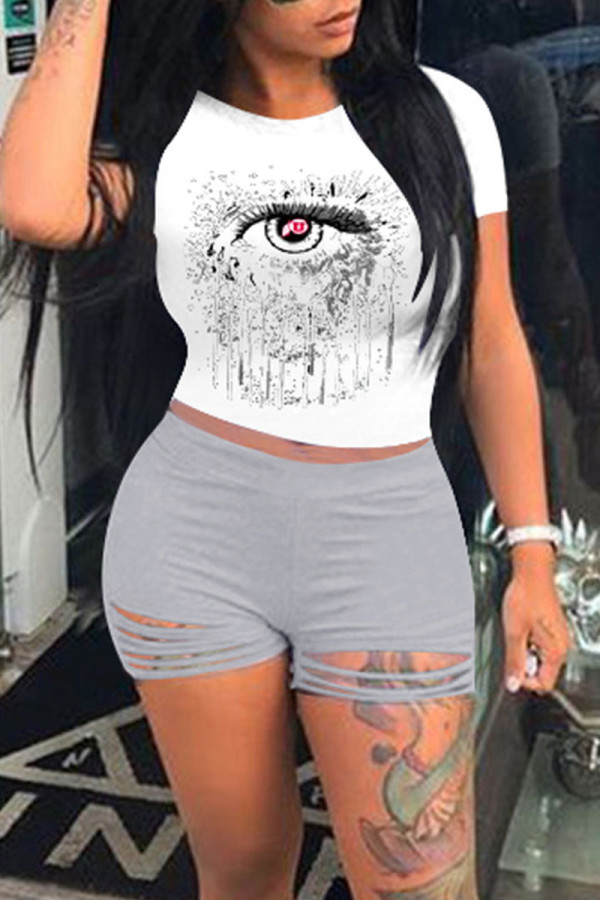 Grey Casual Print Hollowed Out Patchwork O Neck Short Sleeve Two Pieces