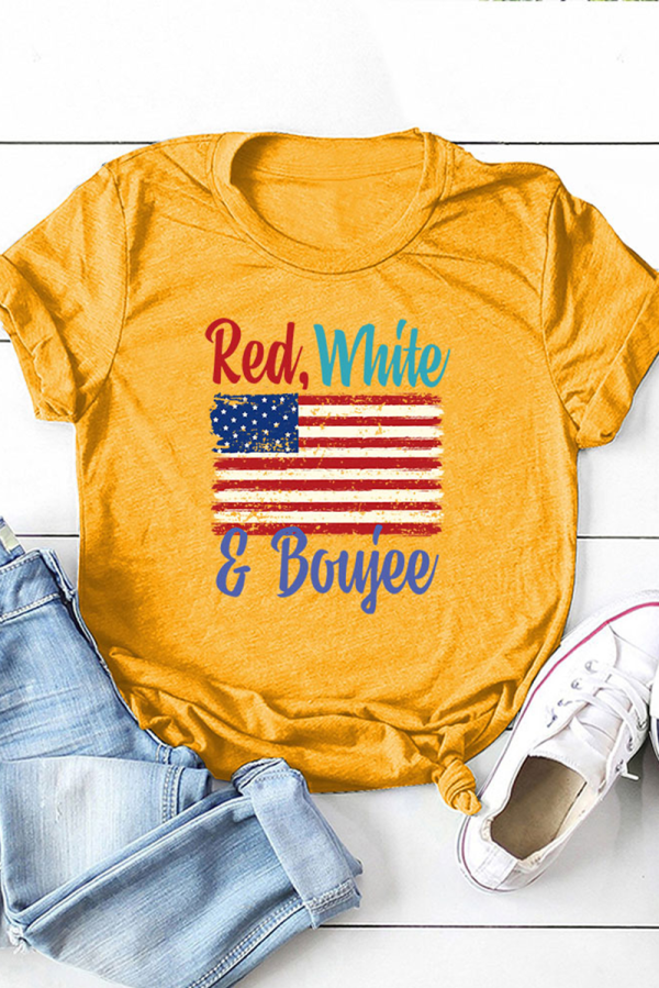 Mustard Yellow Casual Print Patchwork O Neck T-Shirts