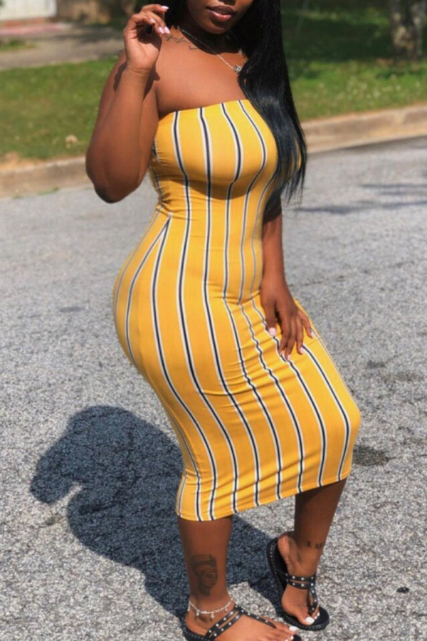 Yellow Fashion Sexy Striped Print Backless Strapless Sleeveless Dress