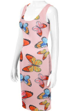 Coral Powder Sexy Print Patchwork U Neck Pencil Skirt Dresses