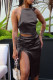 Black Fashion Sexy Solid Backless Slit Spaghetti Strap Sleeveless Two Pieces