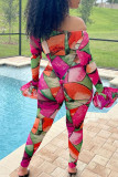 Rose Red Fashion Sexy Print See-through Backless Off the Shoulder Long Sleeve Two Pieces