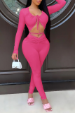 Pink Sexy Solid Patchwork O Neck Long Sleeve Two Pieces