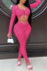 Rose Red Sexy Solid Patchwork O Neck Long Sleeve Two Pieces