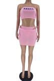 Pink Fashion Sexy Letter Print Bandage Backless Strapless Sleeveless Three-piece Set