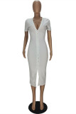White Fashion Casual Solid Basic V Neck Short Sleeve Dress