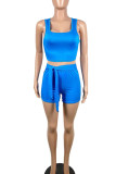 Blue Casual Solid Bandage Split Joint U Neck Sleeveless Two Pieces