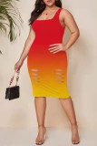 Red Fashion Sexy Gradual Change Print Ripped Square Collar Vest Dress