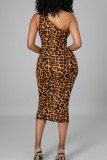 Leopard Print Sexy Print Bandage Hollowed Out Patchwork Oblique Collar Pencil Skirt Dresses