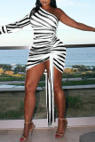 Black White Fashion Sexy Striped Print Backless Oblique Collar Long Sleeve Dresses