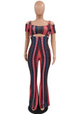 Burgundy Fashion Sexy Print Backless Strapless Short Sleeve Two Pieces