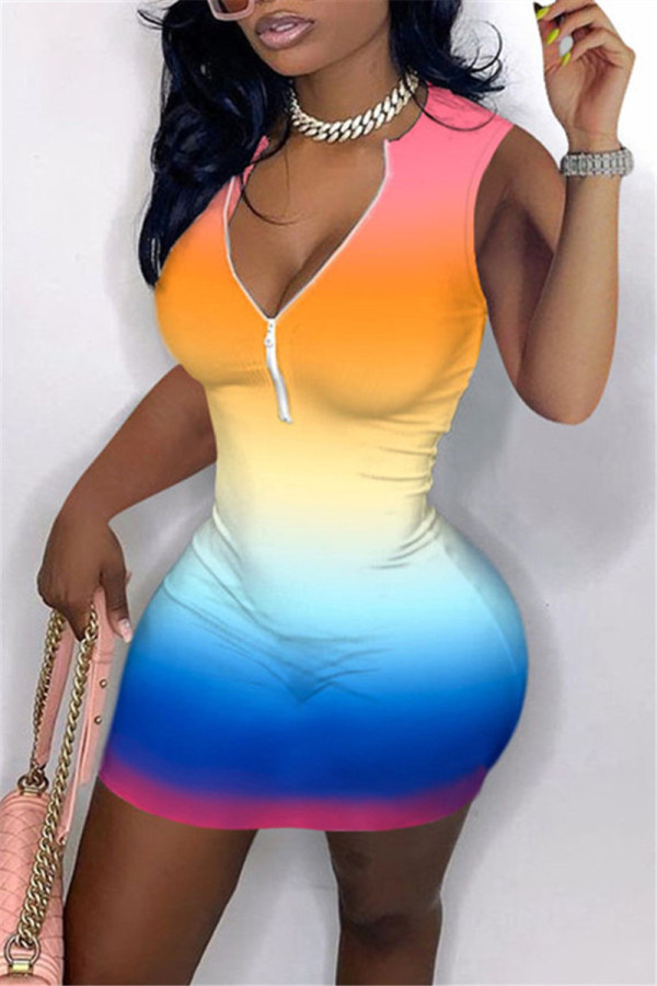 Yellow Fashion Casual Gradual Change Print Basic Zipper Collar Sleeveless Dress