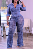 Blue Casual Print Patchwork Turndown Collar Long Sleeve Two Pieces