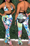 Blue Fashion Sexy Print Bandage Backless Halter Sleeveless Two Pieces