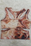 Coffee Fashion Sexy Print Hollowed Out O Neck Tops Two-piece Set