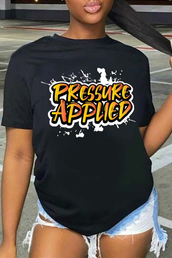 Black Fashion Casual Letter Print Basic O Neck T-Shirts