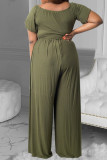 Army Green Fashion Casual Solid Slit O Neck Plus Size Two Pieces